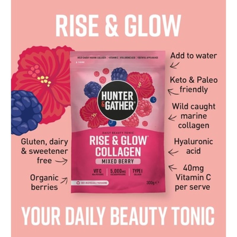 Hunter & Gather Rise & Glow Daily Beauty Tonic 300g Mixed Berry with Marine Collagen and Hyaluronic Acid