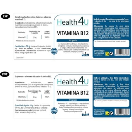 H4u Vitamin B12 Vegan Safe Gluten Free Lactose Free 30 Capsules
