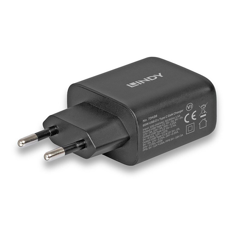 LINDY 65W USB 2 x Type C GaN Charger