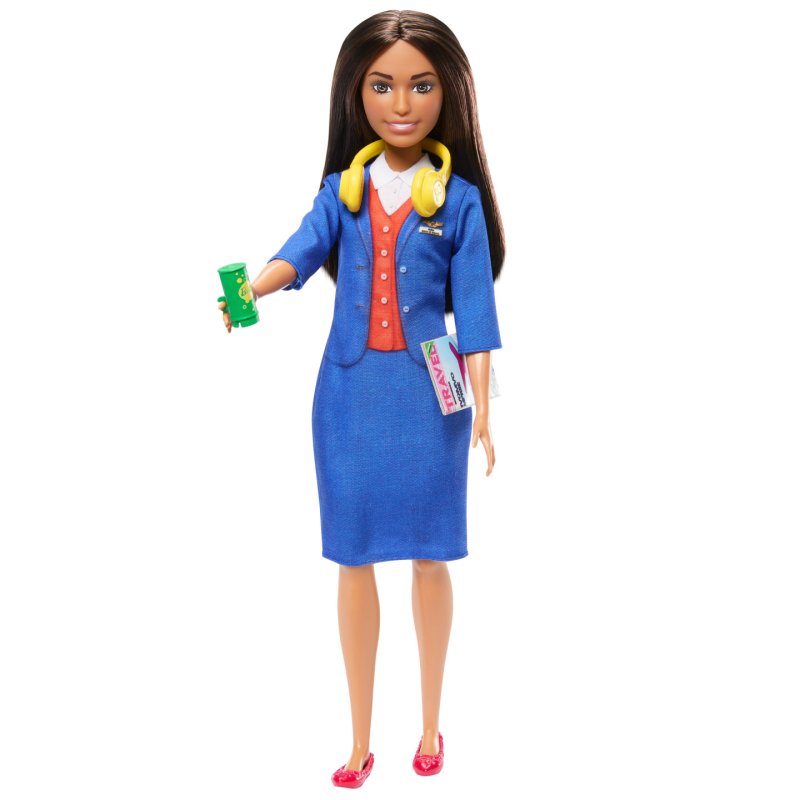 Barbie Flight Attendant Fashion Doll in Blue Uniform, Includes Suitcase, Headphones, and Passport Accessories