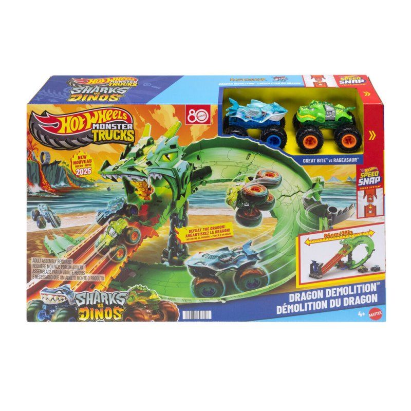Hot Wheels Monster Trucks Sharks vs. Dinos Dragon Destruction Playset & 2 Toy Trucks