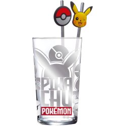 POKEMON - Pikachu - Pack Verre XXL Premium 485ml 2 Pailles en Métal