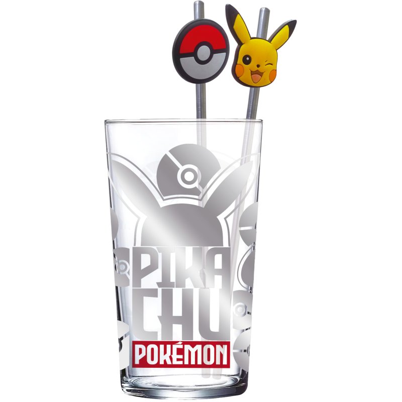 POKEMON - Pikachu - Pack Verre XXL Premium 485ml 2 Pailles en Métal