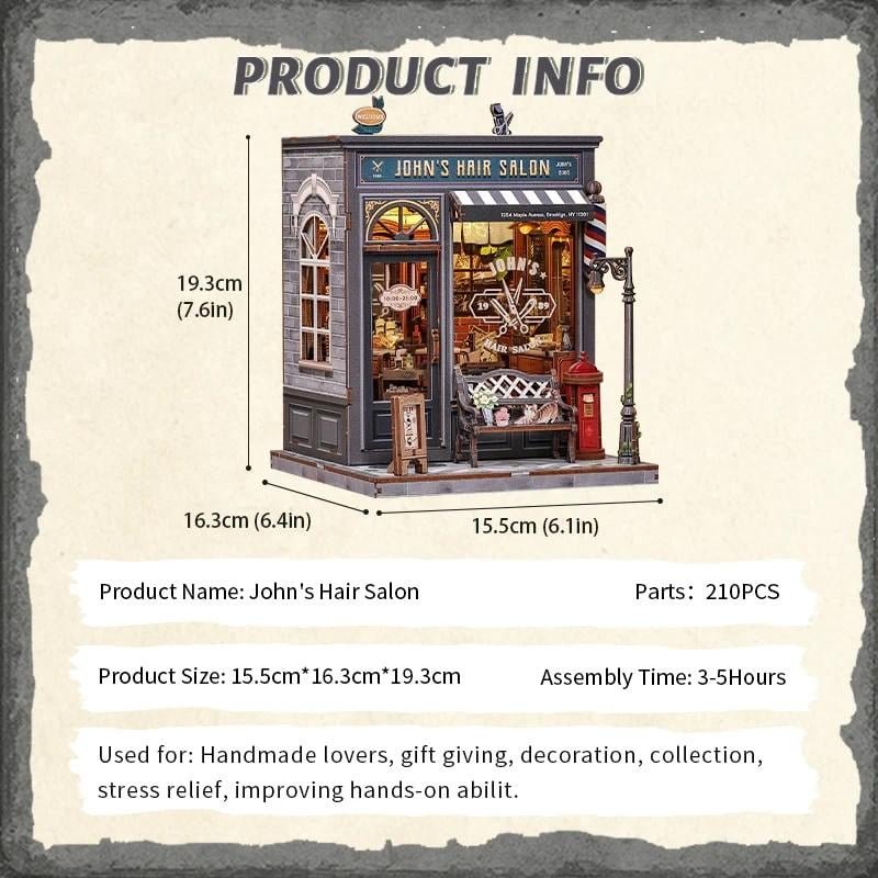 MINIATURE HOUSE - DIY- Salon de Coiffure John - 210pc Eclairage LED