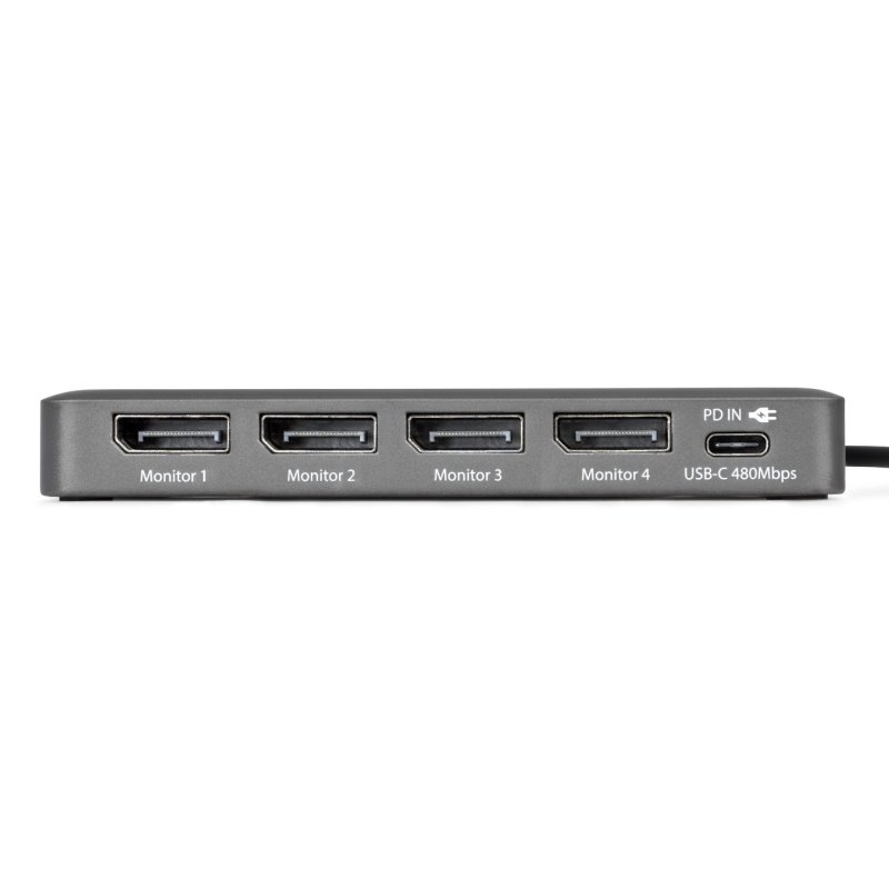 StarTech.com USB-C to Quad-Monitor Workstation Adapter, 4K 60Hz DisplayPort, 140W PD Passthrough for Laptop Charging,
