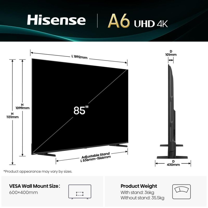 TV HISENSE 85" 85A6Q UHD SMART TV DOLBYVISION DTSX