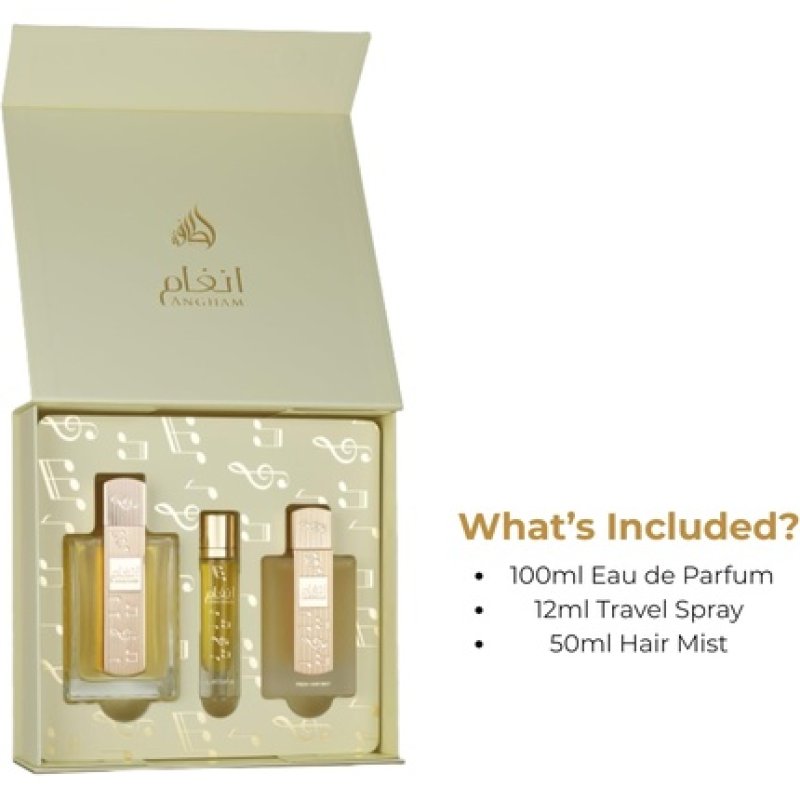 Lattafa Angham 3-Piece Perfume Gift Set 100ml Eau De Parfum and 12ml Travel Spray