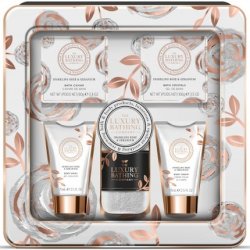 The Luxury Bathing Company Sparkling Rose & Geranium Body Cream 75ml Shower Gel 75ml Bath Caviar 80g Bath Crystals 100g