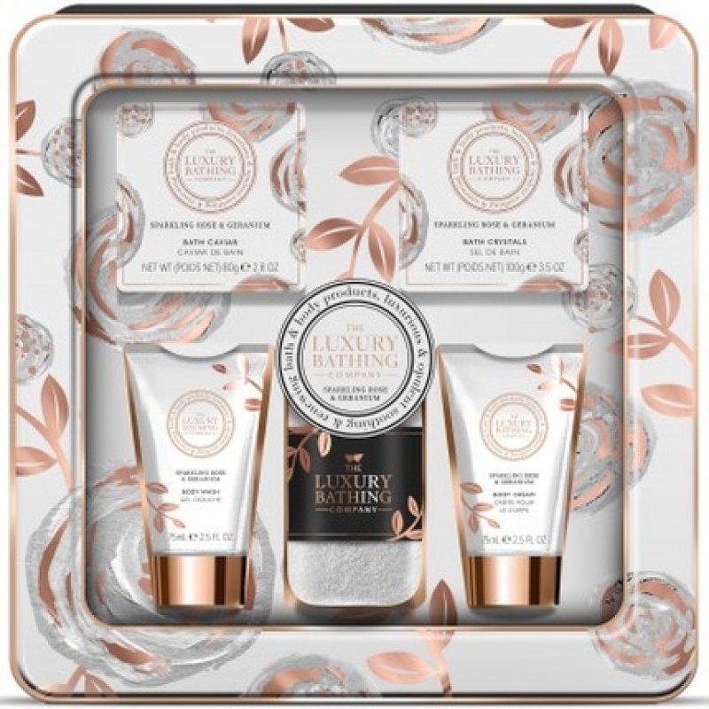 The Luxury Bathing Company Sparkling Rose & Geranium Body Cream 75ml Shower Gel 75ml Bath Caviar 80g Bath Crystals 100g