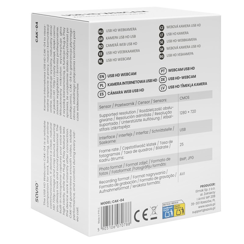 Savio CAK-04 webcam 720 MP 1280 x 720 pixels USB Black