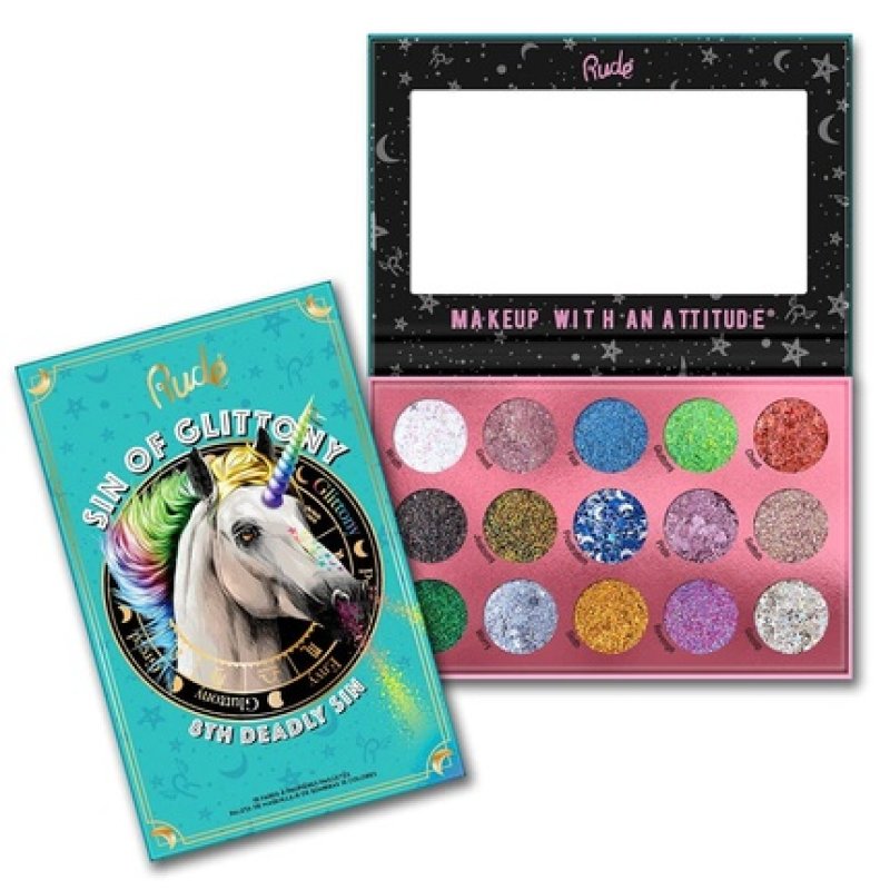 Rude Cosmetics Sin of Glittony Unicorn Glitter Eyeshadow Face Palette 15 Colors