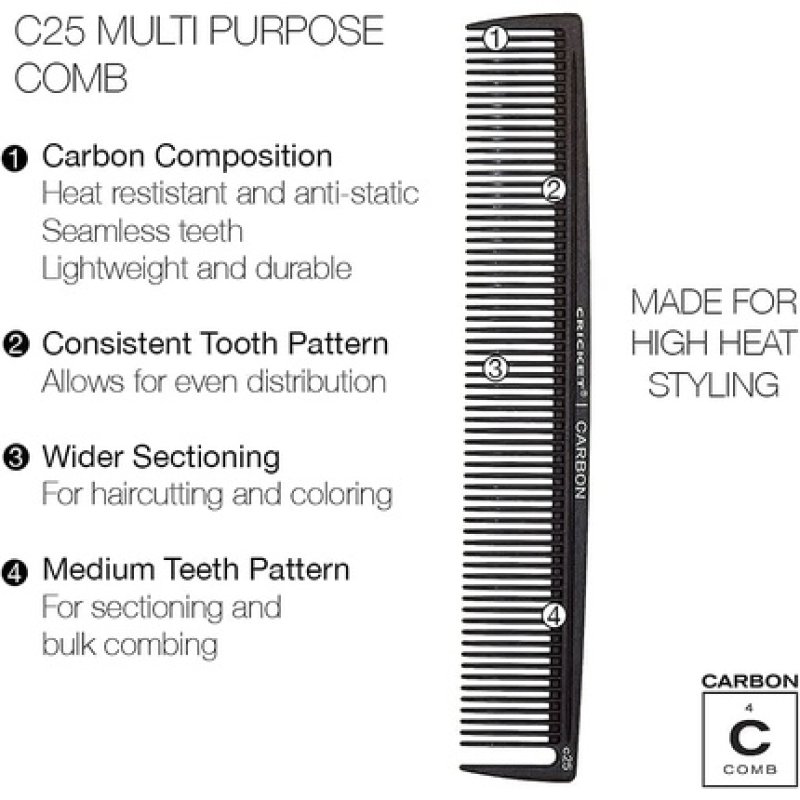 Cricket Carbon Comb Multi Purpose C25 for Unisex 1 Comb