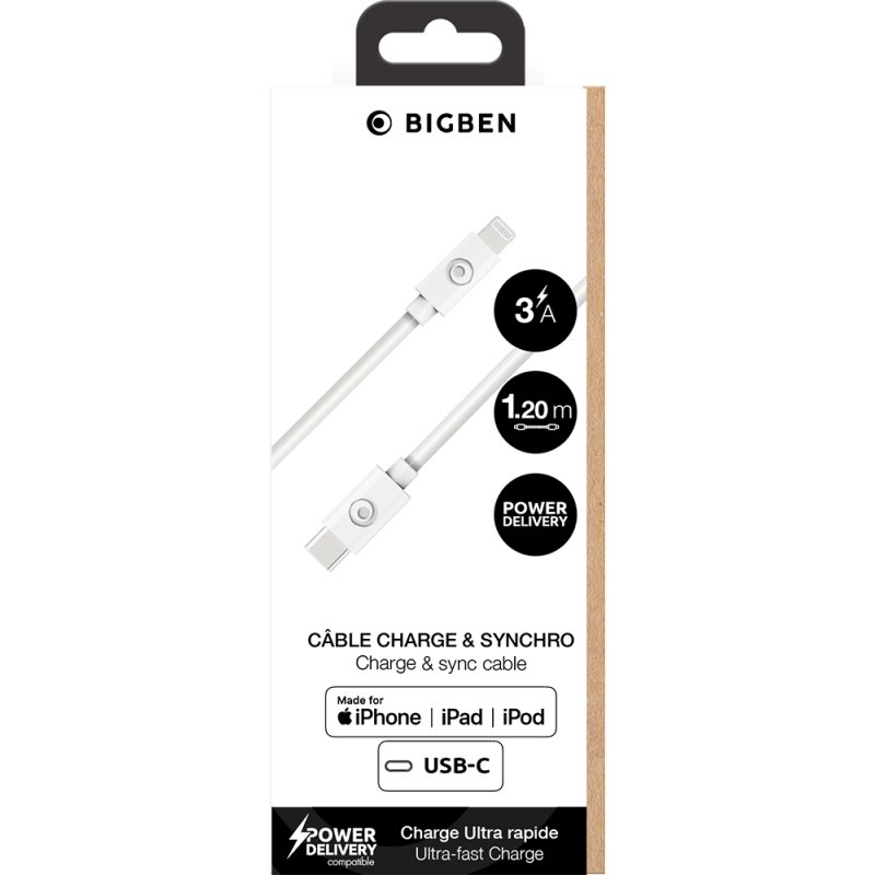 BIGBEN USB-C/MFI Cable 1.2m 3A White Rec