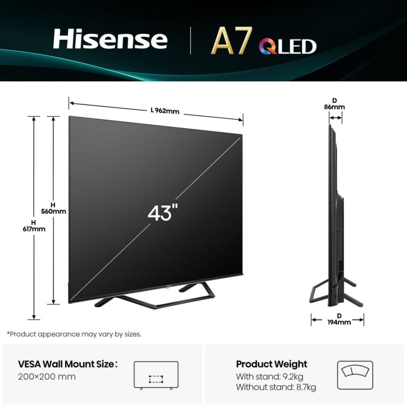 Hisense 43A7Q 109.2 cm (43") 4K Ultra HD Smart TV Wi-Fi Black 275 cd/m²
