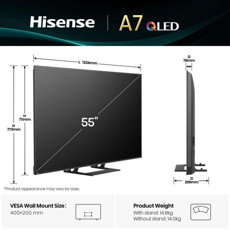 Hisense A7Q 55A7Q 139.7 cm (55") 4K Ultra HD Smart TV Wi-Fi Black