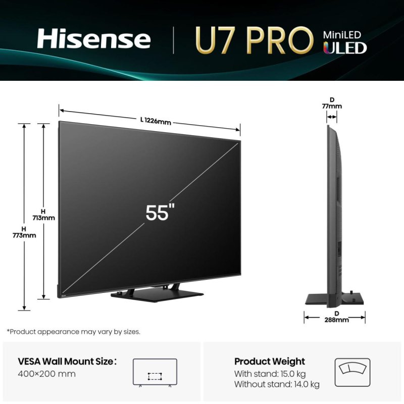 Hisense 55U7Q PRO 139.7 cm (55") 4K Ultra HD Smart TV Wi-Fi Black 500 cd/m²