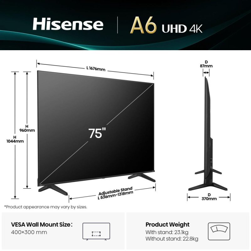 Hisense 75A6Q TV 190.5 cm (75") 4K Ultra HD Smart TV Wi-Fi Black