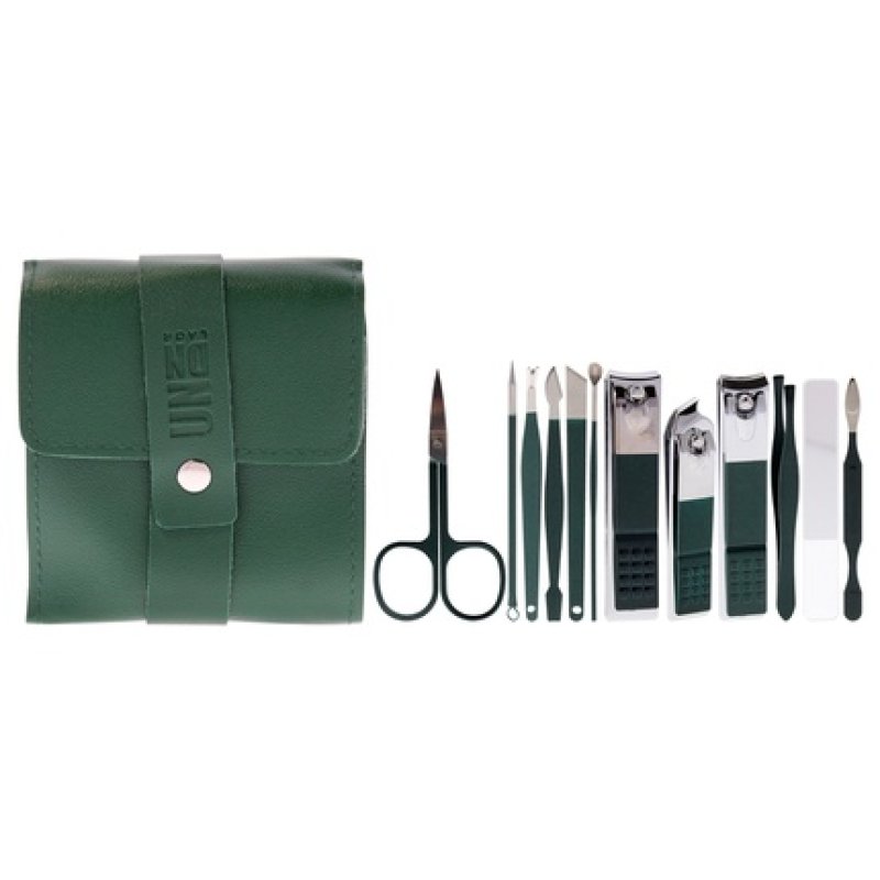 Undn Manicure Set Dark Green 12 Piece Set With Micro Scissors Clippers Glass File Tweezers And More