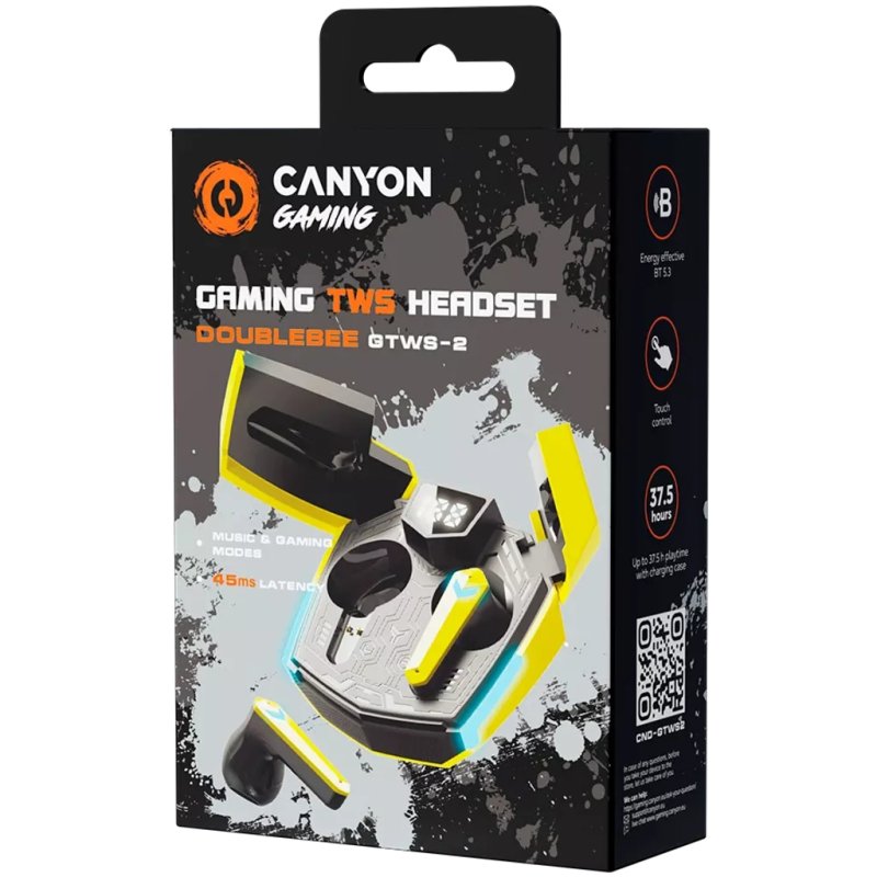 Canyon GTWS-2 Headset Wireless Ear-hook Gaming USB Type-C Bluetooth Charging stand Yellow