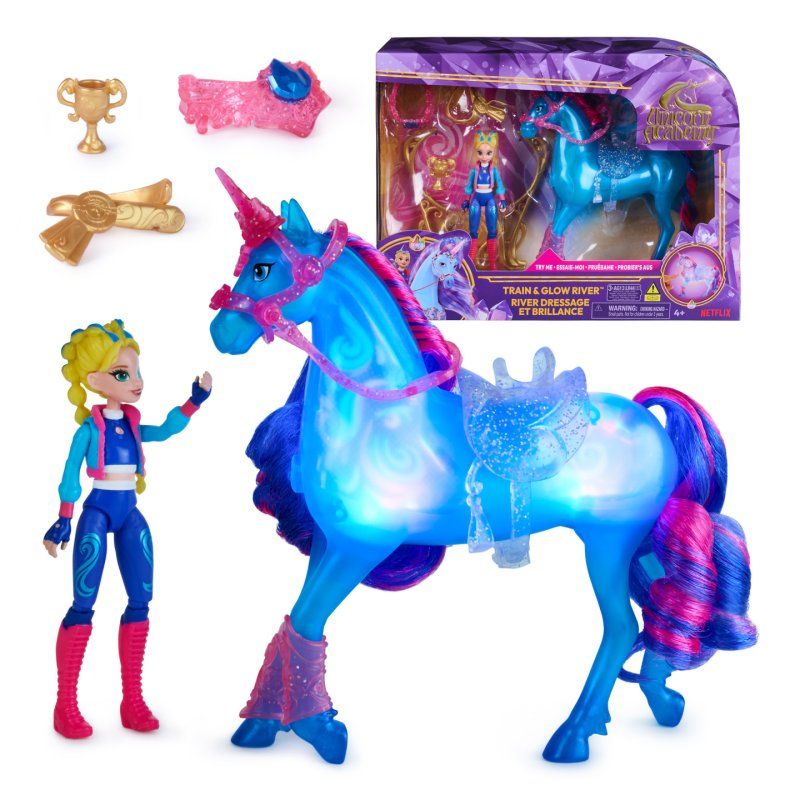 Unicorn Academy, Train & Glow River Unicorn with Isabel, 3 Training Accessories & Light up Effect, Dolls & Unicorn Toys