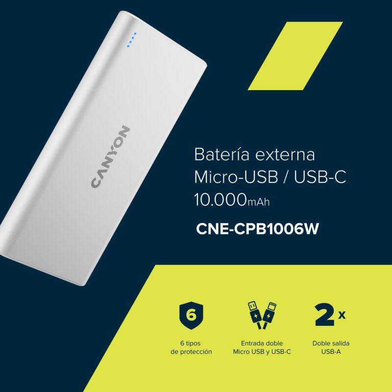 Canyon PB-106 Lithium Polymère (LiPo) 10000 mAh Blanc