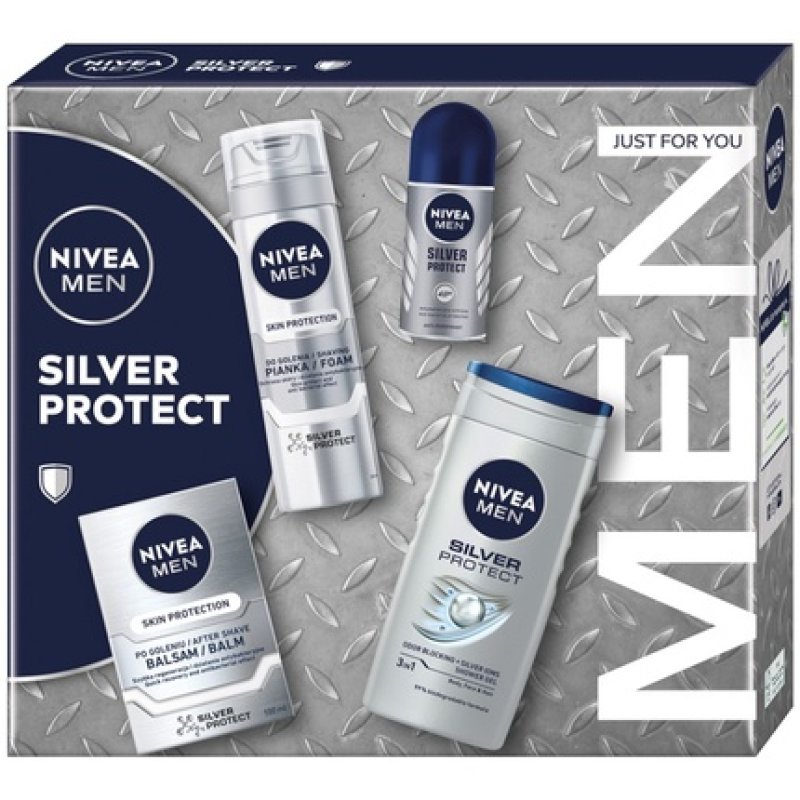 Niveaset Silver Protect Collection - Shaving Foam 200ml, Aftershave Balm 100ml, Roll-On Antiperspirant 50ml, Shower Gel