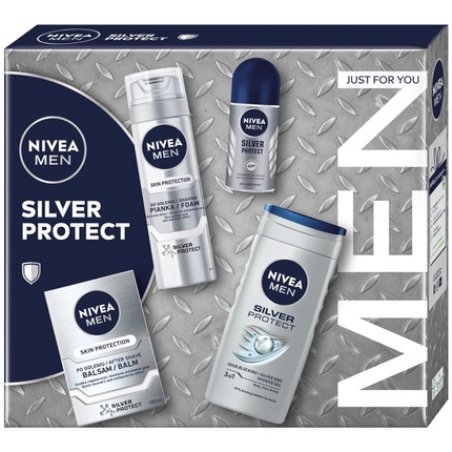 Niveaset Silver Protect Collection - Shaving Foam 200ml, Aftershave Balm 100ml, Roll-On Antiperspirant 50ml, Shower Gel