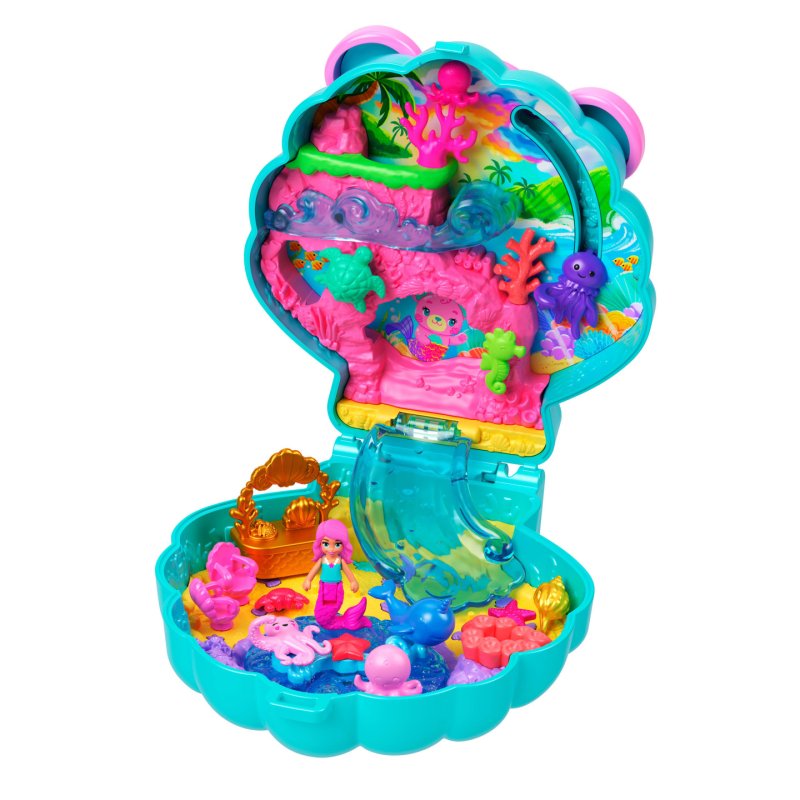 Polly Pocket Glitter Island Compact Playset with 1 Micro Mermaid Doll and Ocean Pets, Travel Toy with Themed Accessories