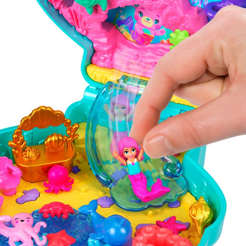 Polly Pocket Glitter Island Compact Playset with 1 Micro Mermaid Doll and Ocean Pets, Travel Toy with Themed Accessories