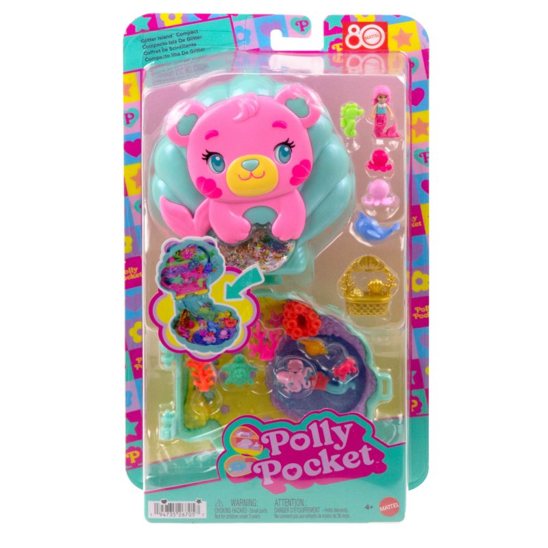 Polly Pocket Glitter Island Compact Playset with 1 Micro Mermaid Doll and Ocean Pets, Travel Toy with Themed Accessories