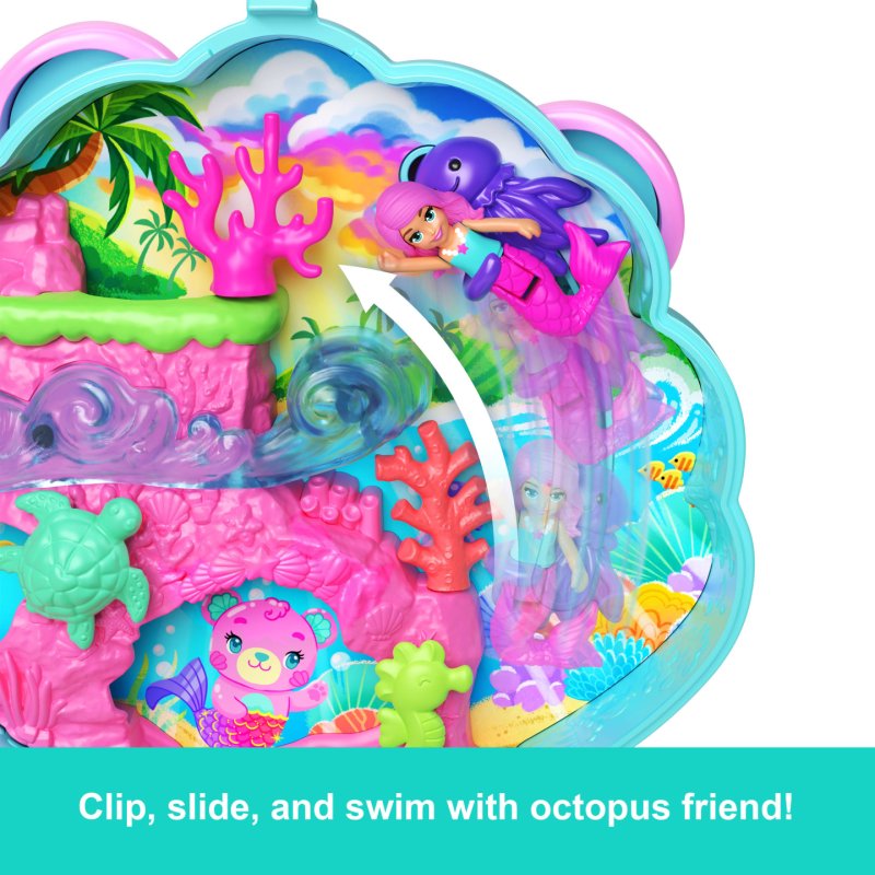 Polly Pocket Glitter Island Compact Playset with 1 Micro Mermaid Doll and Ocean Pets, Travel Toy with Themed Accessories