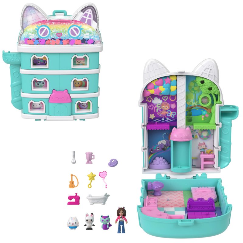 Polly Pocket Micro Dolls and Playset, Gabby’s Dollhouse Compact with 9 Accessories & Pet Cat Friends