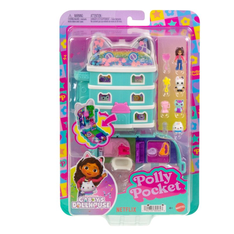 Polly Pocket Micro Dolls and Playset, Gabby’s Dollhouse Compact with 9 Accessories & Pet Cat Friends