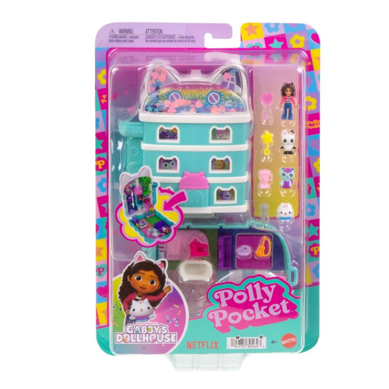 Polly Pocket Micro Dolls and Playset, Gabby’s Dollhouse Compact with 9 Accessories & Pet Cat Friends