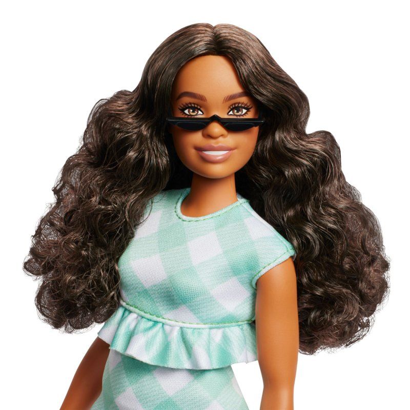 Barbie Fashionistas Doll 240 in Green Gingham Dress and Sunglasses, Wavy Dark Brown Hair