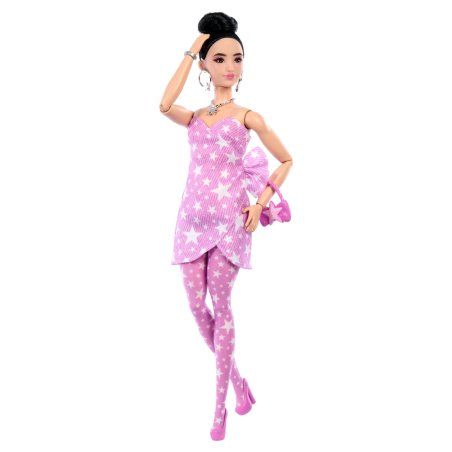 Barbie Deluxe Style Fashion Doll 11 in Pink Denim Star-Print Dress, Black Hair in Bun