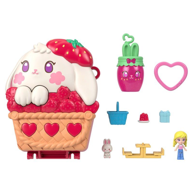 Polly Pocket Picnic Bunny Compact Playset with 1 Micro Doll and Pet, Travel Toy with Fruit Accessories