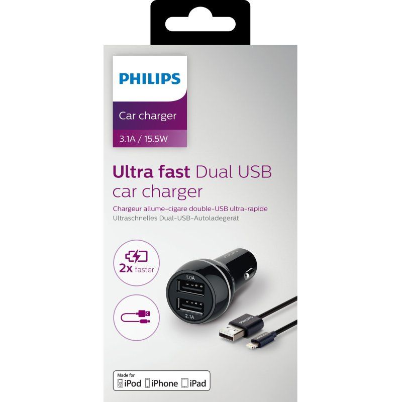 Philips Dual Car Charger 15W mit Apple Lightning Kabel MFI