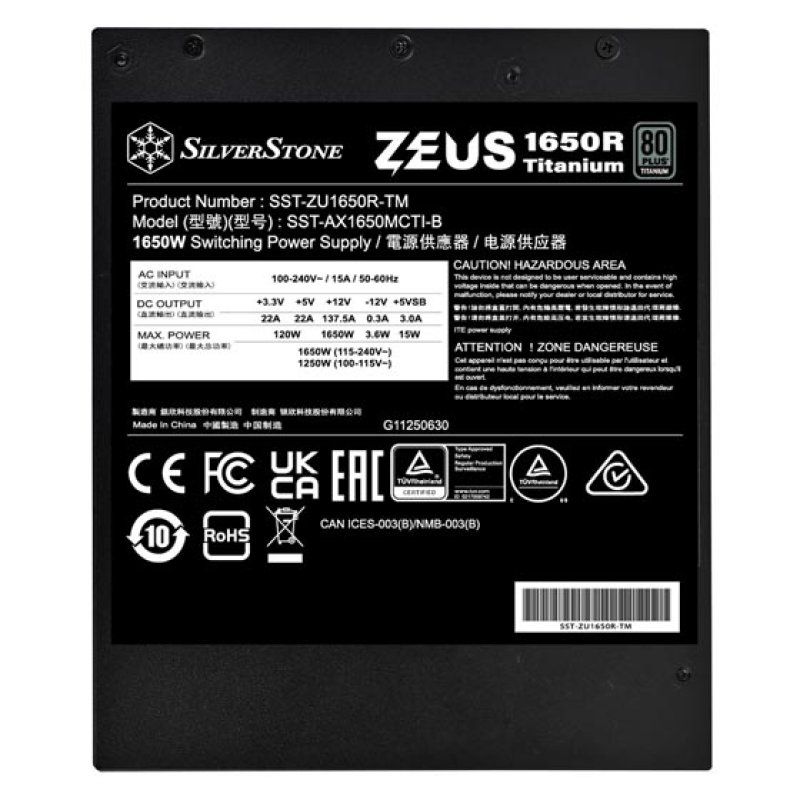 Silverstone Zeus 1650R unité d'alimentation d'énergie 1650 W 20 4 pin ATX ATX Noir