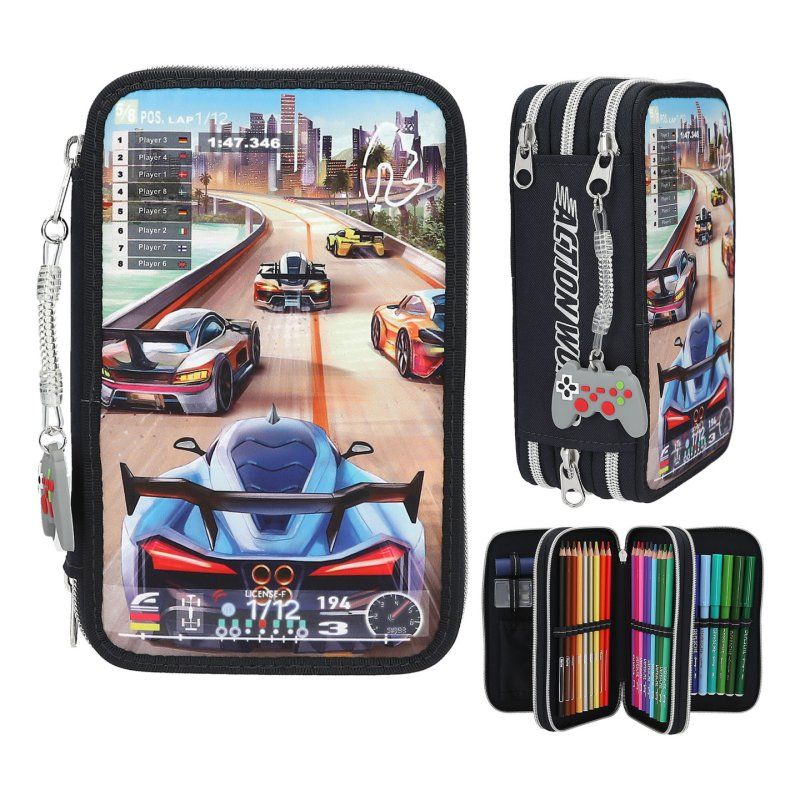 Dino World - Action World Triple Pencil Case Gaming - Dark Blue