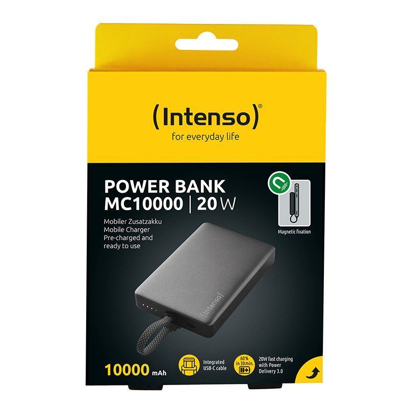 Intenso Powerbank MC10000 with integrated USB-C cable and magnetic back, 10,000 mAh, 20 watts