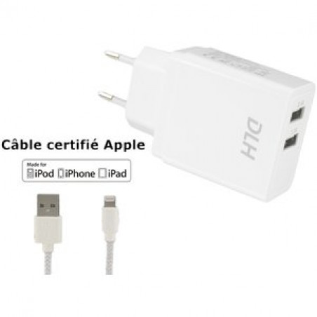 CHARGER 2 USB PORTS 12W WIRE LIGHTNING CERTIFIED APPLE MF