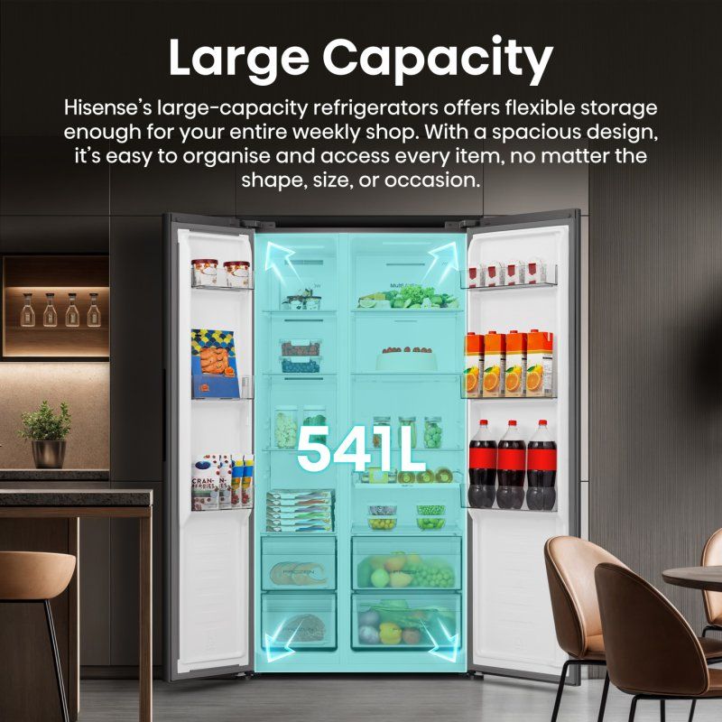 Hisense RS3P558NEFD frigo américain Pose libre 541 L Noir, Acier inoxydable