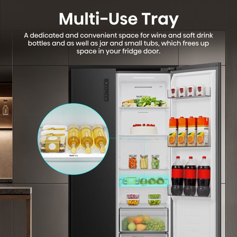 Hisense RS3P558NEFD frigo américain Pose libre 541 L Noir, Acier inoxydable