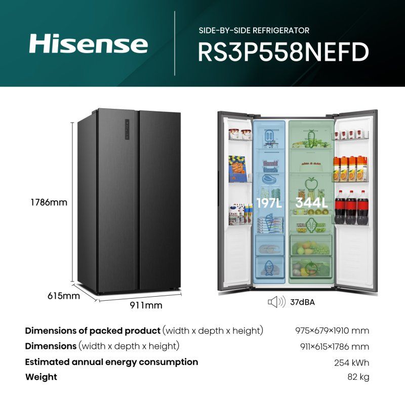 Hisense RS3P558NEFD side-by-side refrigerator Freestanding 541 L Black, Stainless steel