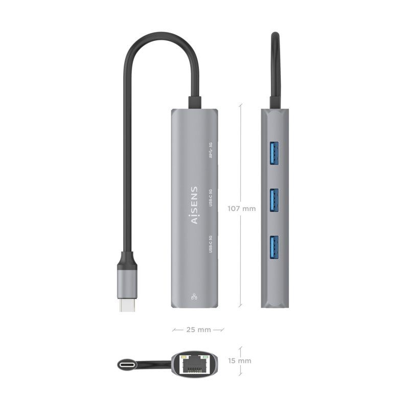 DOCK AISENS USB-C A ETHERNET GIGABIT HUB 2XUSB-C 1XUSB-A GRIS 15CM