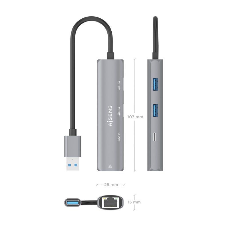 USB3.0 DOCK AISENS USB-A A ETHERNET GIGABIT HUB 1XUSB-C 2XUSB-A GRIS 15CM