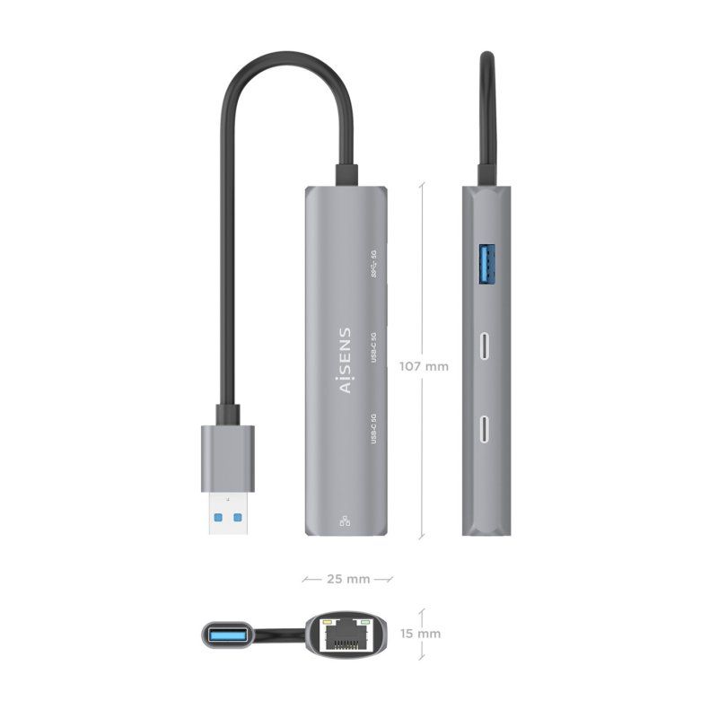 USB3.0 DOCK AISENS USB-A A ETHERNET GIGABIT HUB 2XUSB-C 1XUSB-A GRIS 15CM