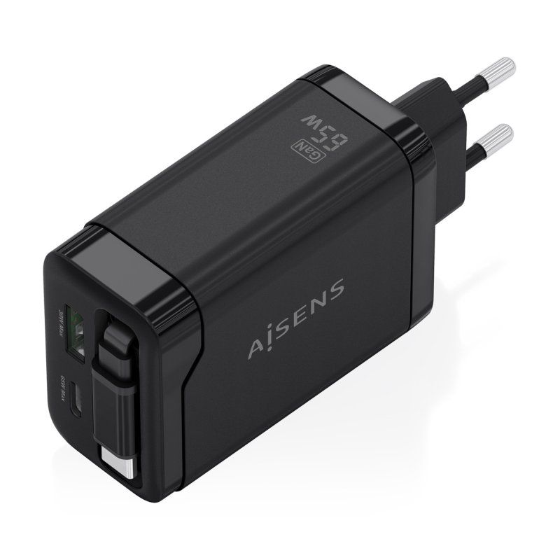 CARGADOR AISENS GAN 65W 1XUSB-C CABLE RETRACTIL 1XUSB-C PD 1XUSB-A