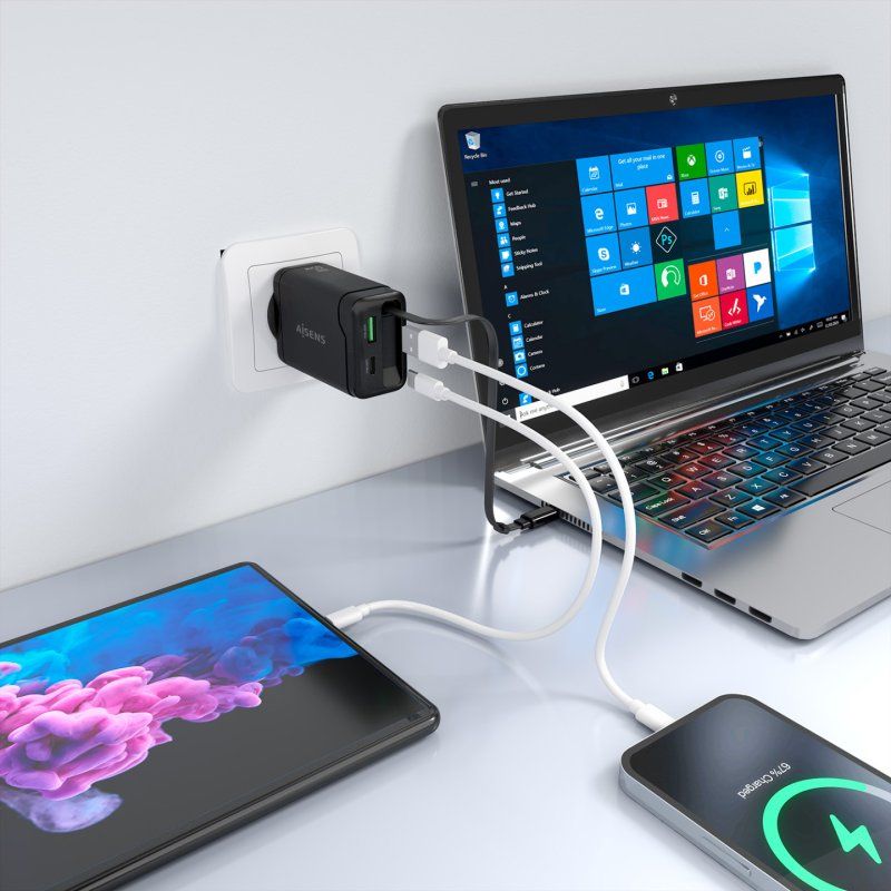 CARGADOR AISENS GAN 65W 1XUSB-C CABLE RETRACTIL 1XUSB-C PD 1XUSB-A